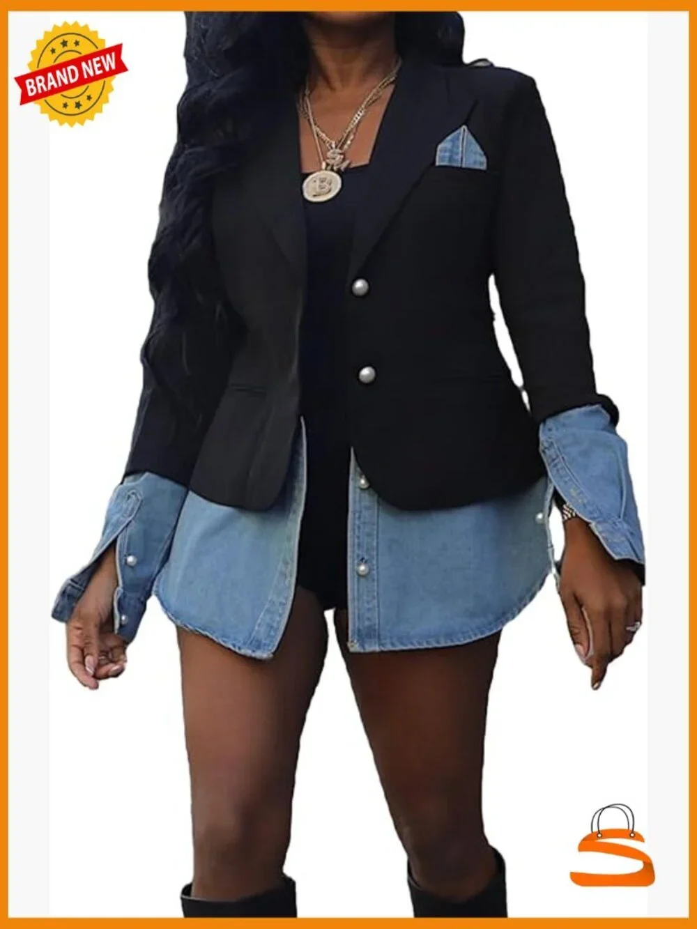 Women's Denim Blazer with Pearl Buttons Business Casual Jacket